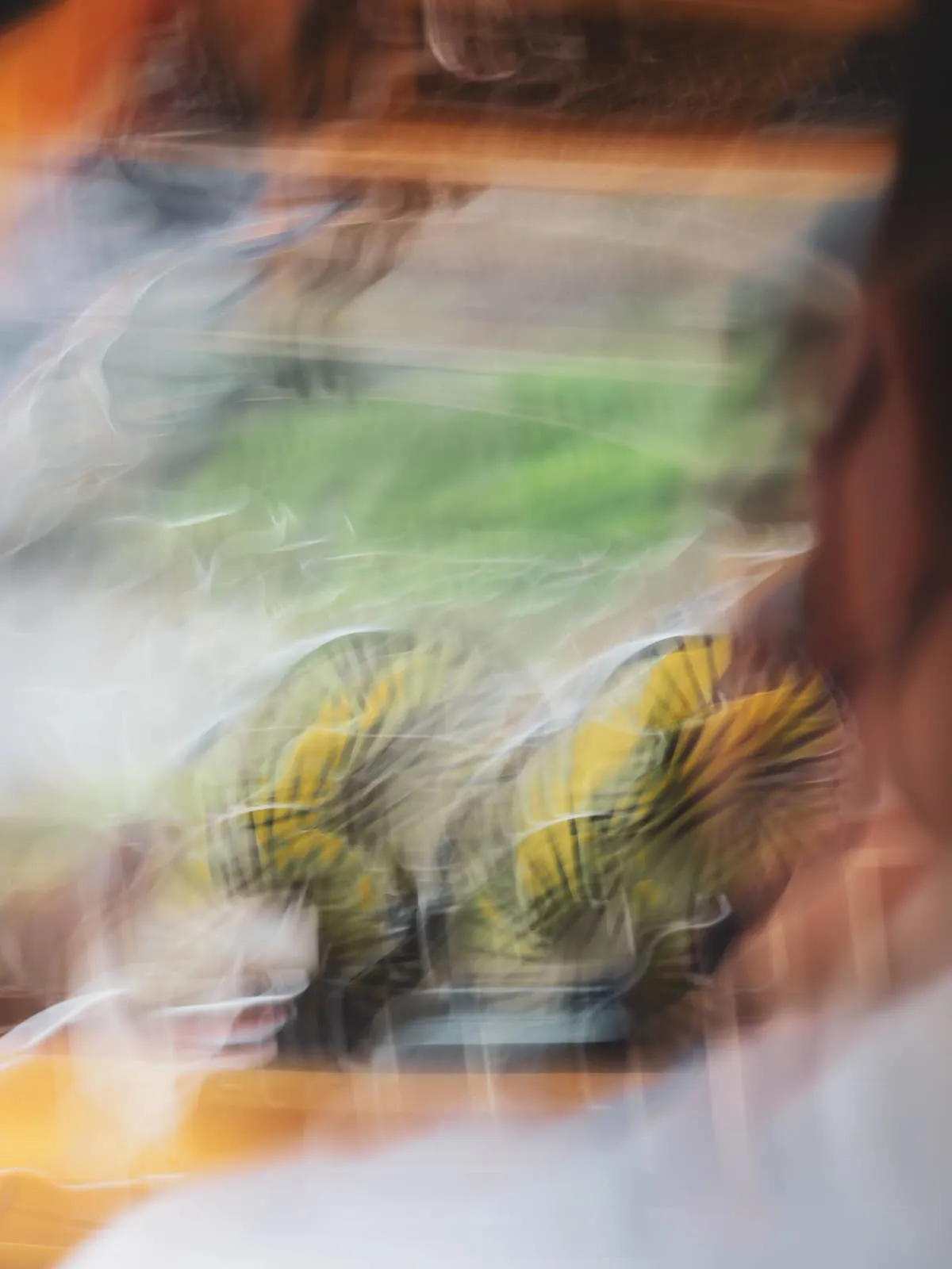 Blur of orange, green and yellow shapes, 2022
