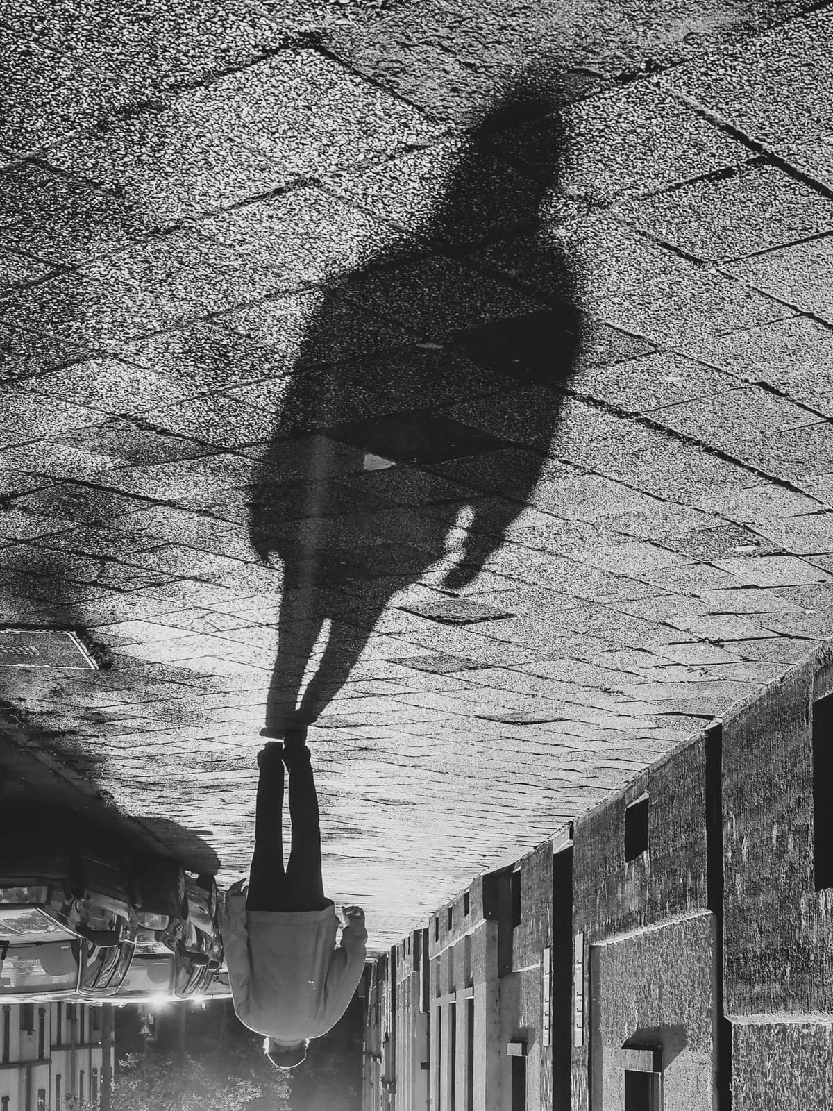 Black and white shadow of a walker on paving, shown upside down, 2020