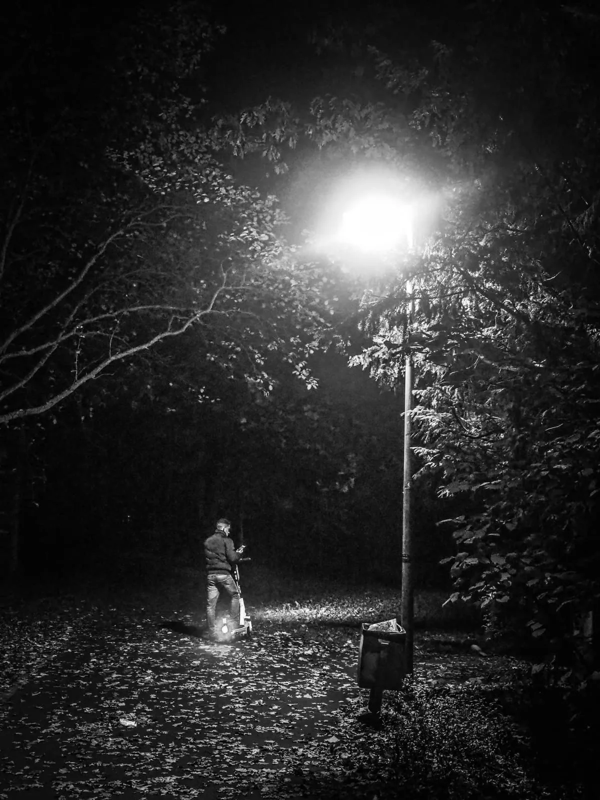 Black and white, a figure under a street lamp in a park at night