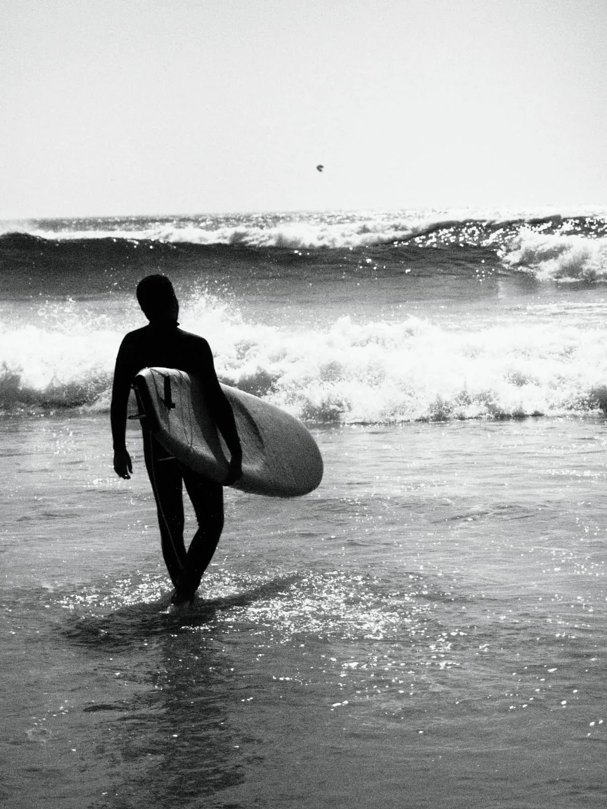 Black and white silhouette carrying a surfboard into the surf, 2024