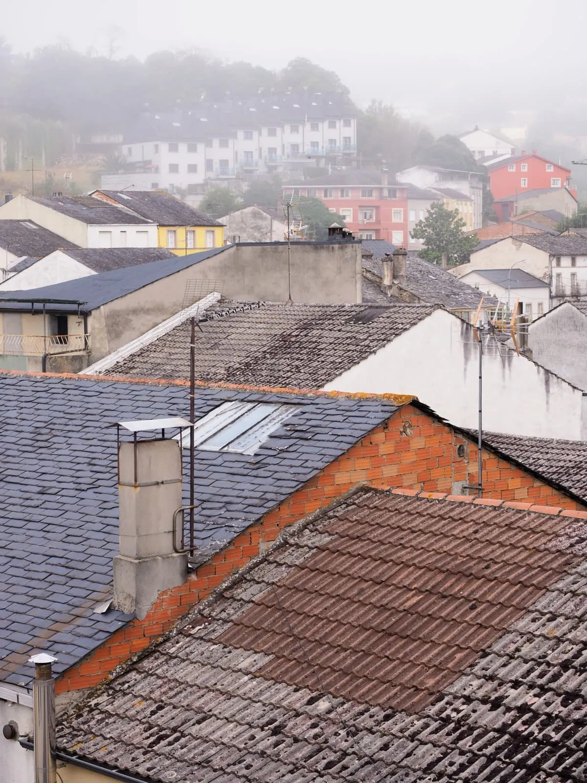 Slate and tile roofs stepping up a hill into fog, 2024