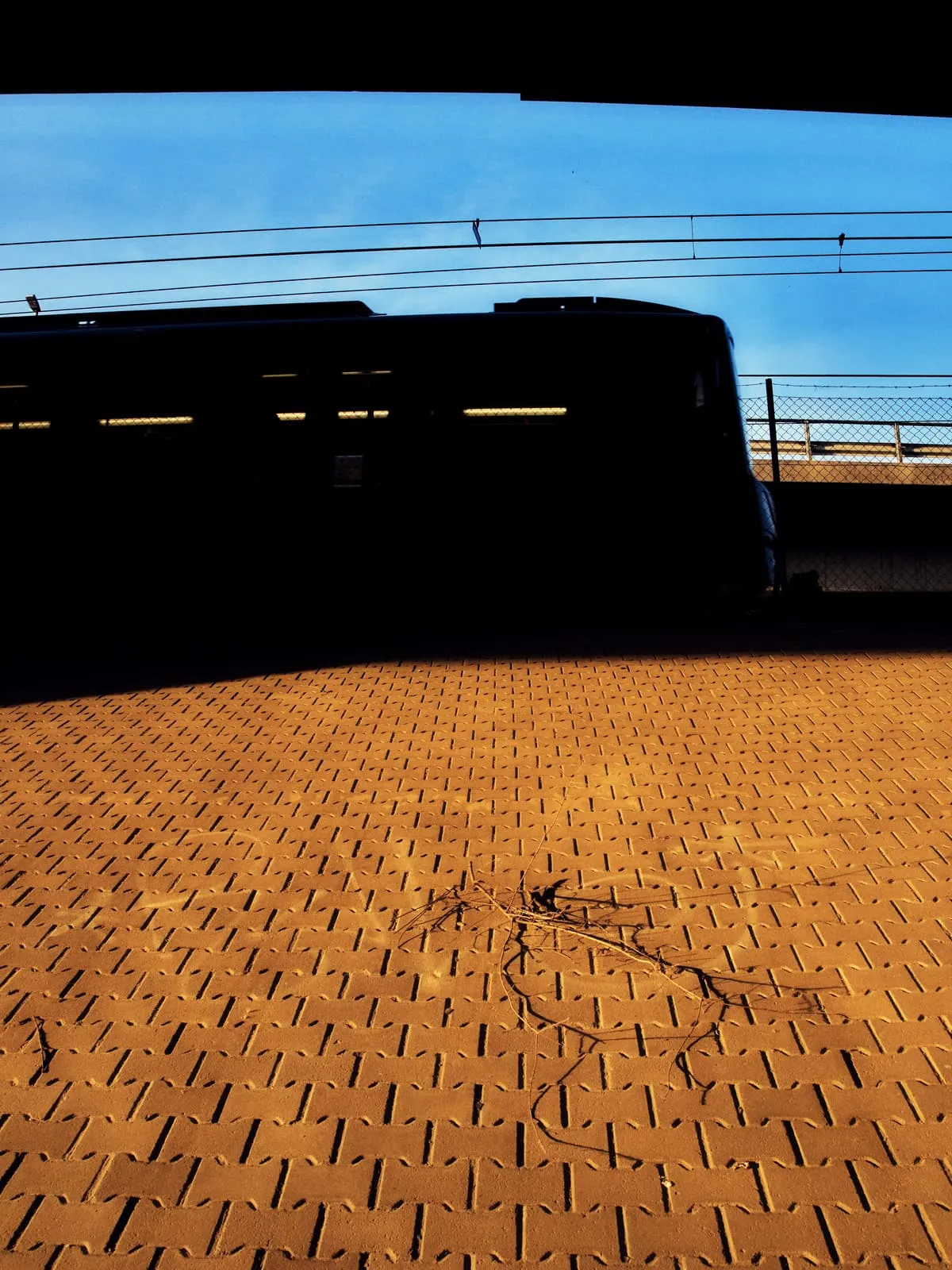 Shadow of a train on orange paving, 2020