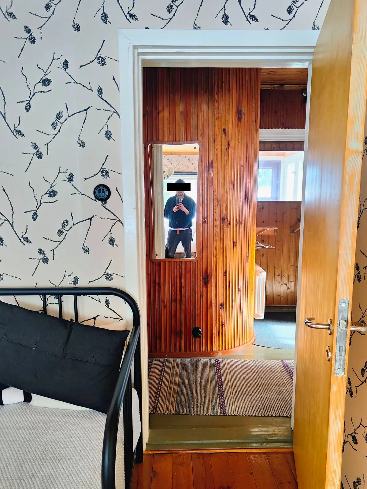 Small mirror in a wooden hallway showing a figure with a phone, eyes barred, 2025