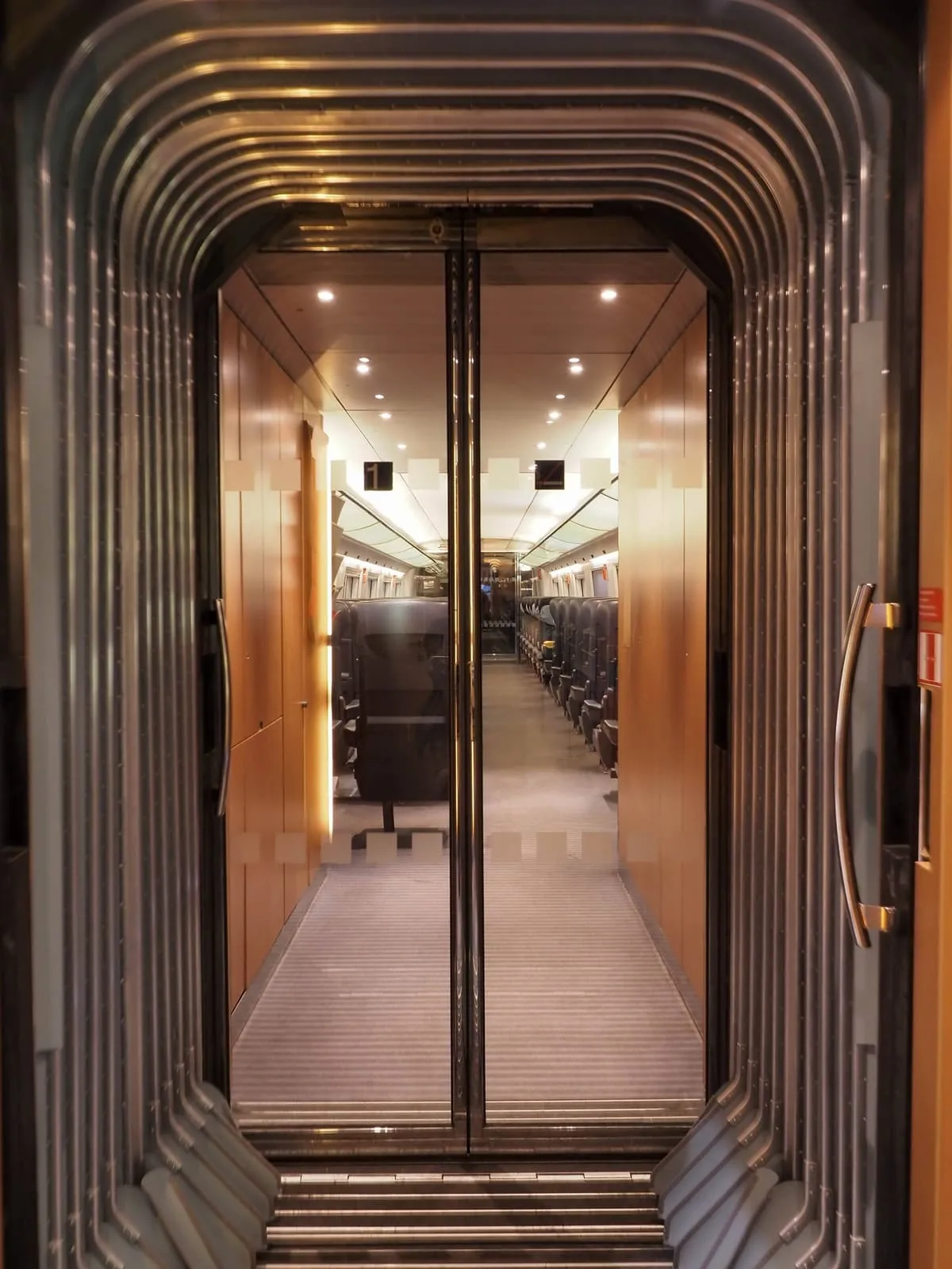 Rounded corridor door between two train carriages, 2020