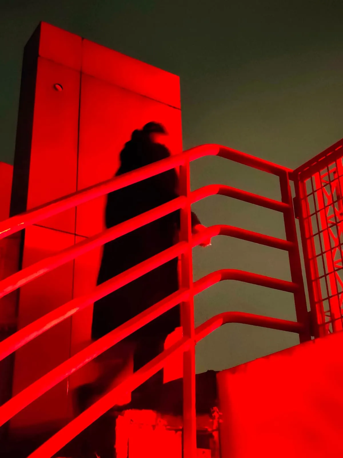 Shadow of a figure on a red wall behind red stair railings, 2025