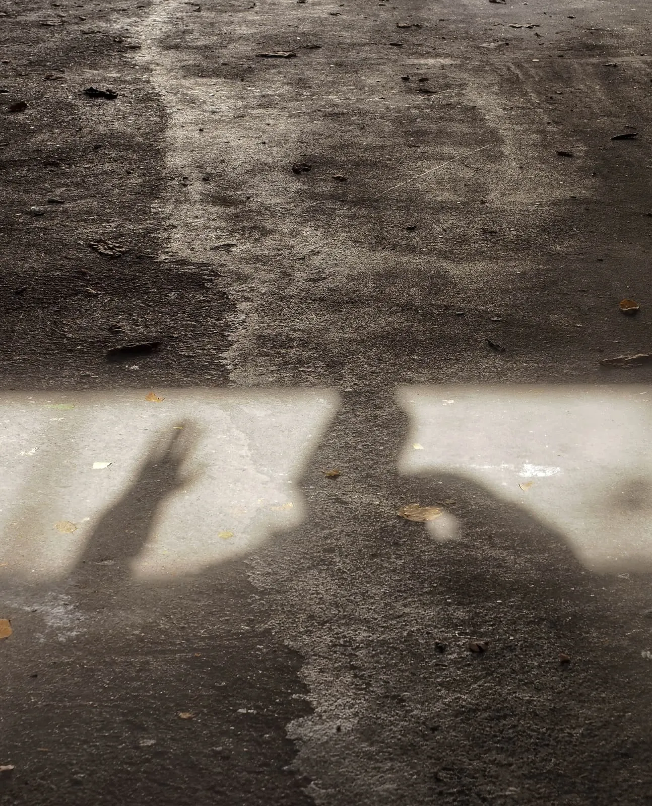 Shadows of a raised hand and a figure on rough ground, 2020