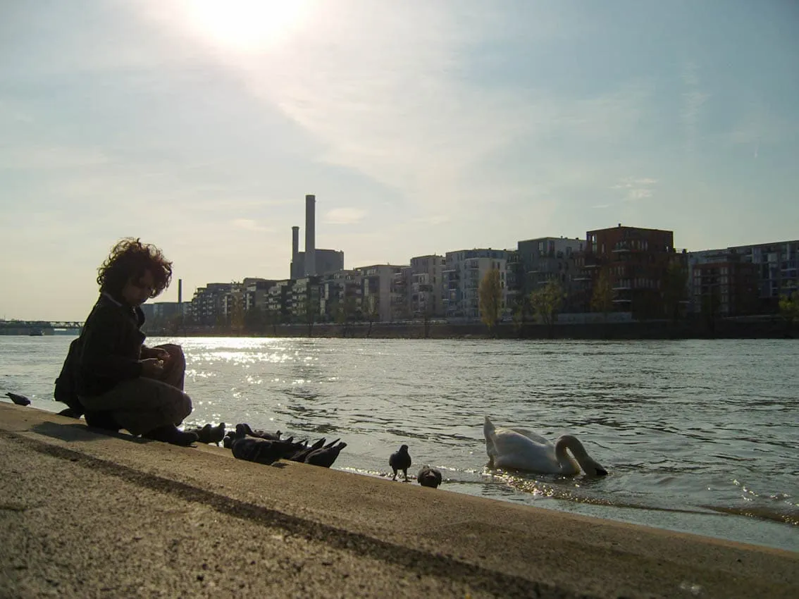 Person crouching on a river bank beside a swan, towers across the water, 2007