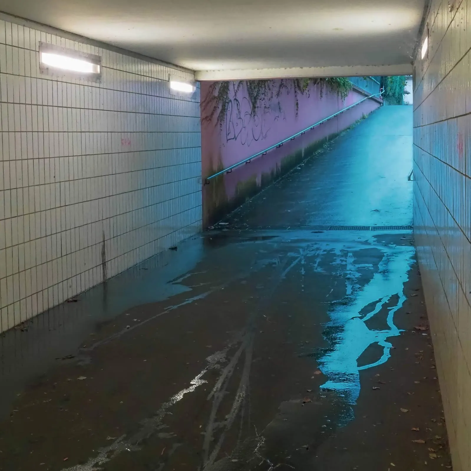 Tiled underpass with blue light on a wet floor, 2020