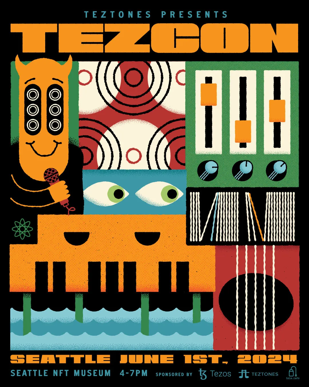 Illustriertes TezCon-Seattle-Poster mit stilisierten Musikinstrumenten und Veranstaltungsinformationen